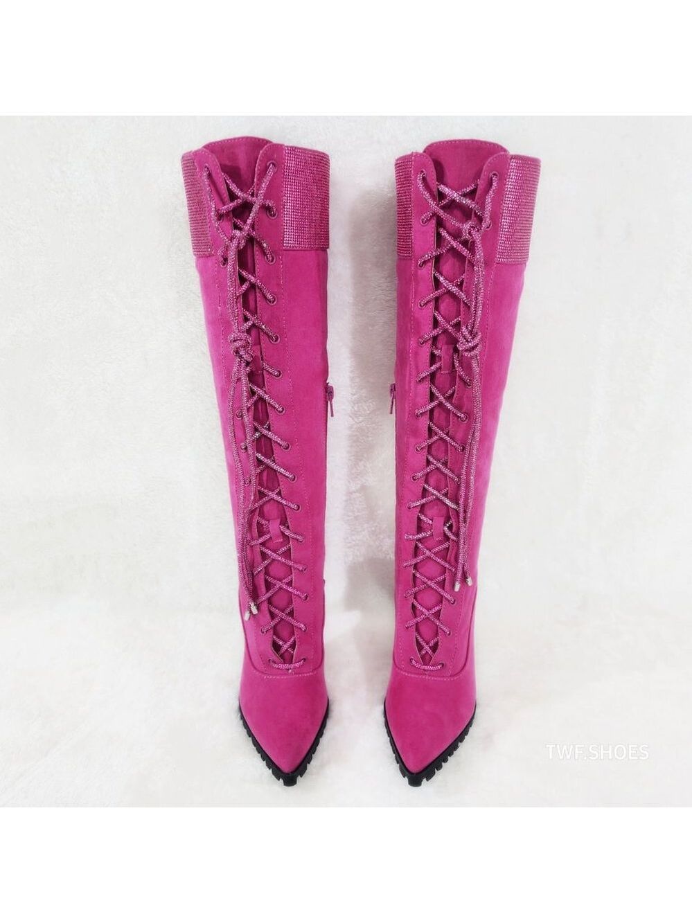 Queens FX Suede & Rhinestone Pointy Toe High Heels Stiletto Lace Up Knee Boots - Picture 4 of 14